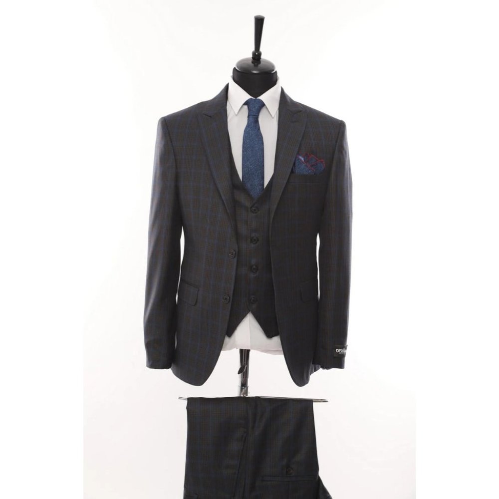 Derman Grey Square Patterned Fabric 3 Piece Suit